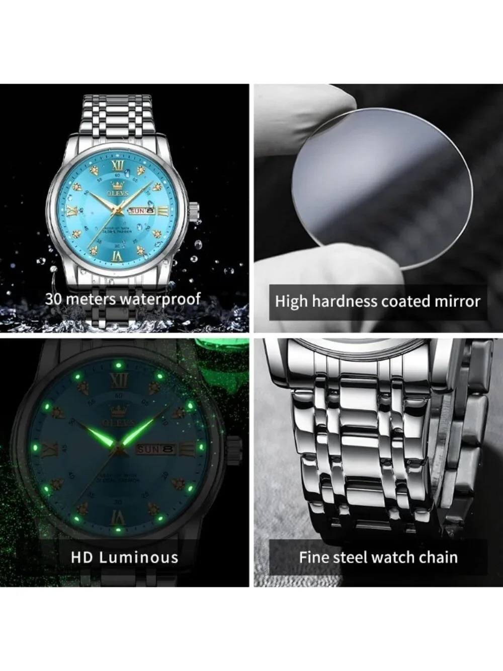 Men's Silver Blue Quartz Stainless Steel Waterproof Luminous Luxury Wooden Watch